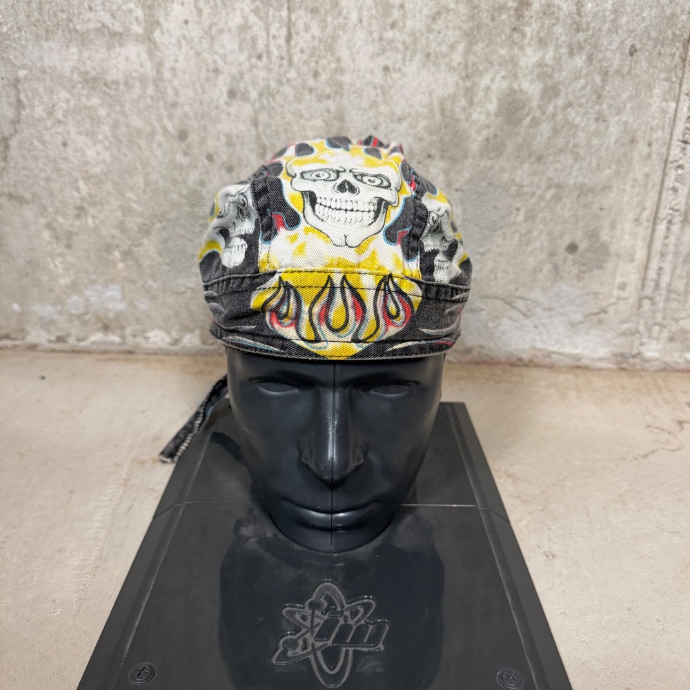 vintage 90s Fly-danna Flaming Skull Biker Headwrap Bandana Black Yellow Cotton
